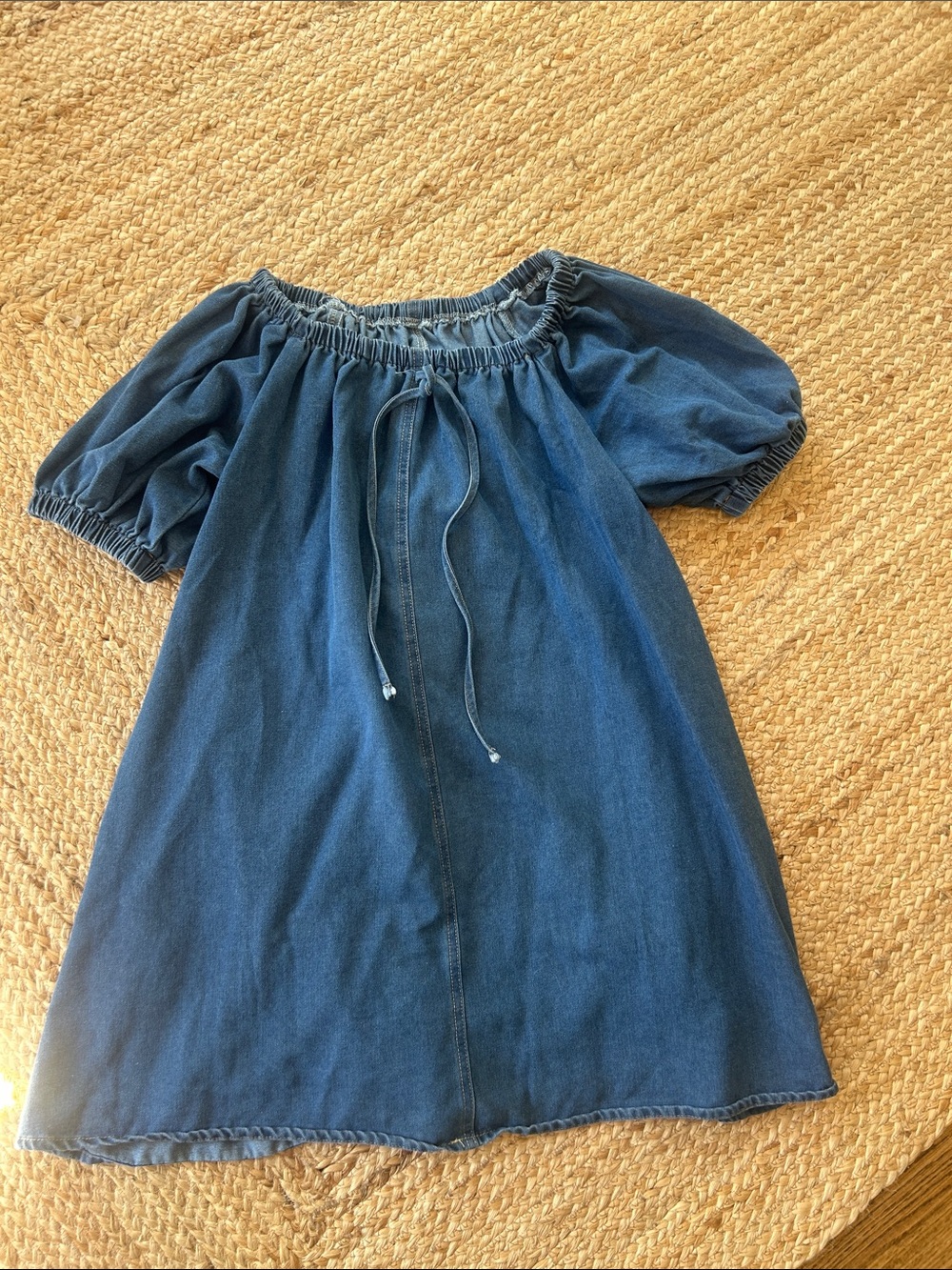 Denim Off-Shoulder Puff Sleeve Mini Dress - Blue
